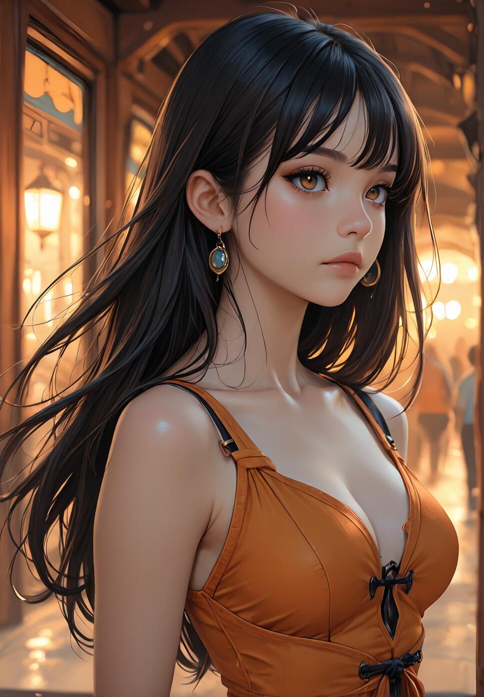 A detailed illustration of a young woman with long black hair and brown eyes. She wears a low-cut orange top and stands on a city street at night, illuminated by the warm glow of lanterns.