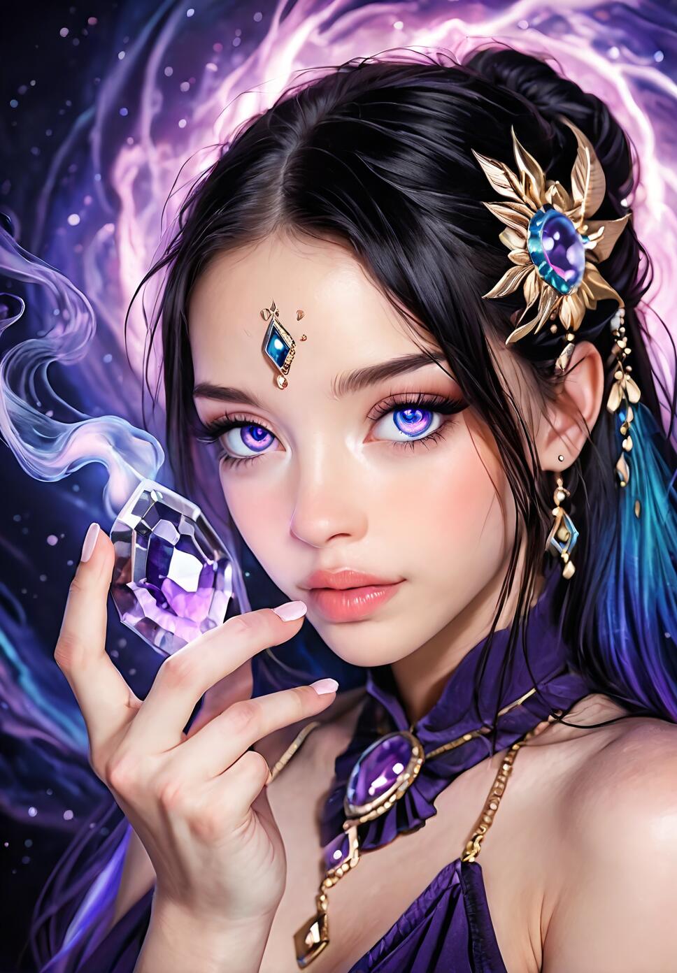 A close-up digital portrait of a beautiful fantasy woman with large, vibrant purple eyes and dark hair. She wears intricate gold and gemstone jewelry and holds a glowing purple crystal against a backdrop of a starry, purple nebula.