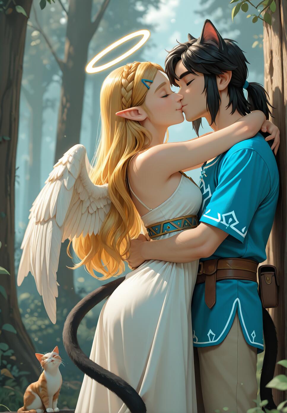 An anime-style illustration of Link and Zelda kissing in a forest. Zelda has long blonde hair, angel wings, and a halo. Link has black hair, cat ears, and a cat tail.
