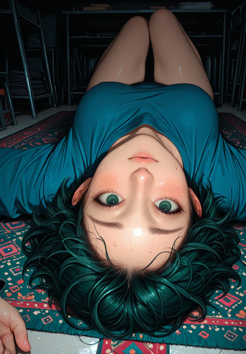 An illustration of a young woman with dark teal hair and green eyes lying on her back on a patterned rug, looking up at the viewer with an intense, upside-down expression in a dark room.