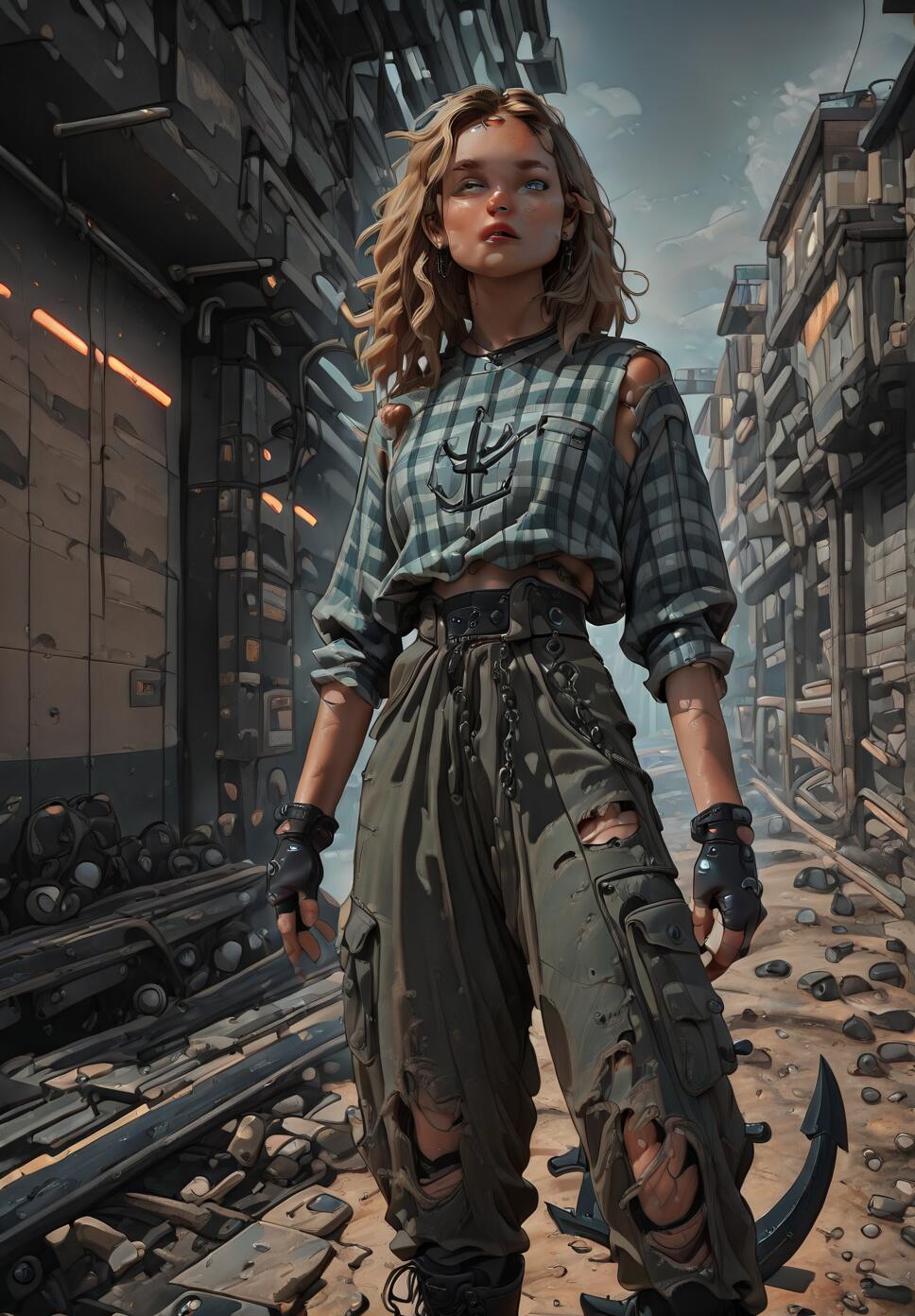 A full-body digital illustration of a young woman with blonde hair in a dystopian city. She is wearing a ripped plaid crop top, torn green cargo pants, and fingerless gloves, standing amidst rubble with a large metal anchor on the ground near her feet.