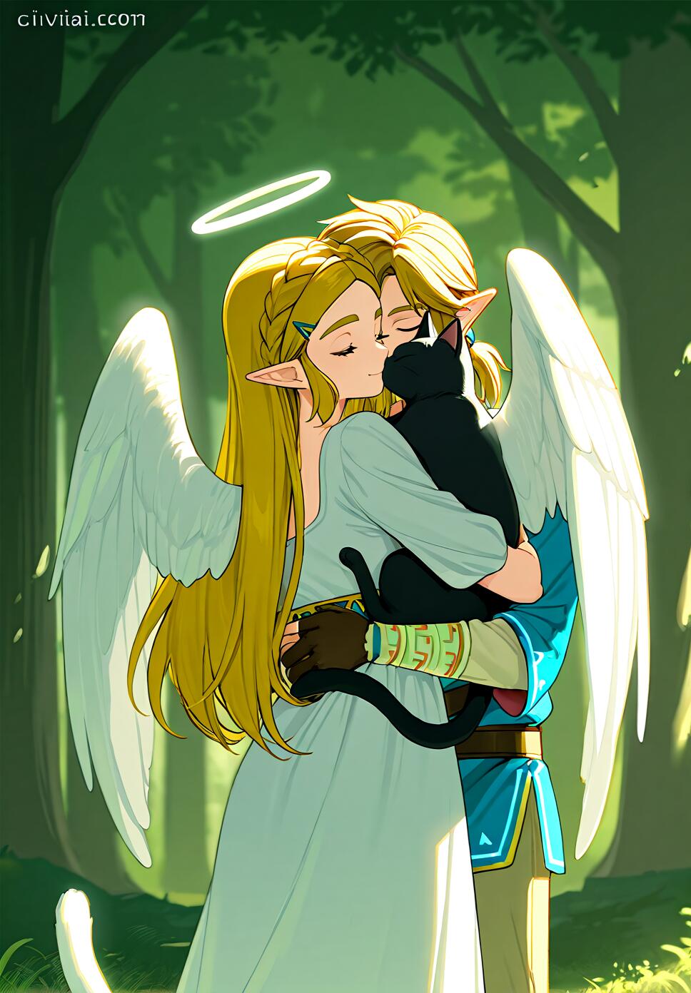 A digital illustration of Link and Princess Zelda from The Legend of Zelda, depicted as angels with white wings, hugging in a green forest. Zelda, with a halo, is kissing Link's cheek while they both hold a black cat.