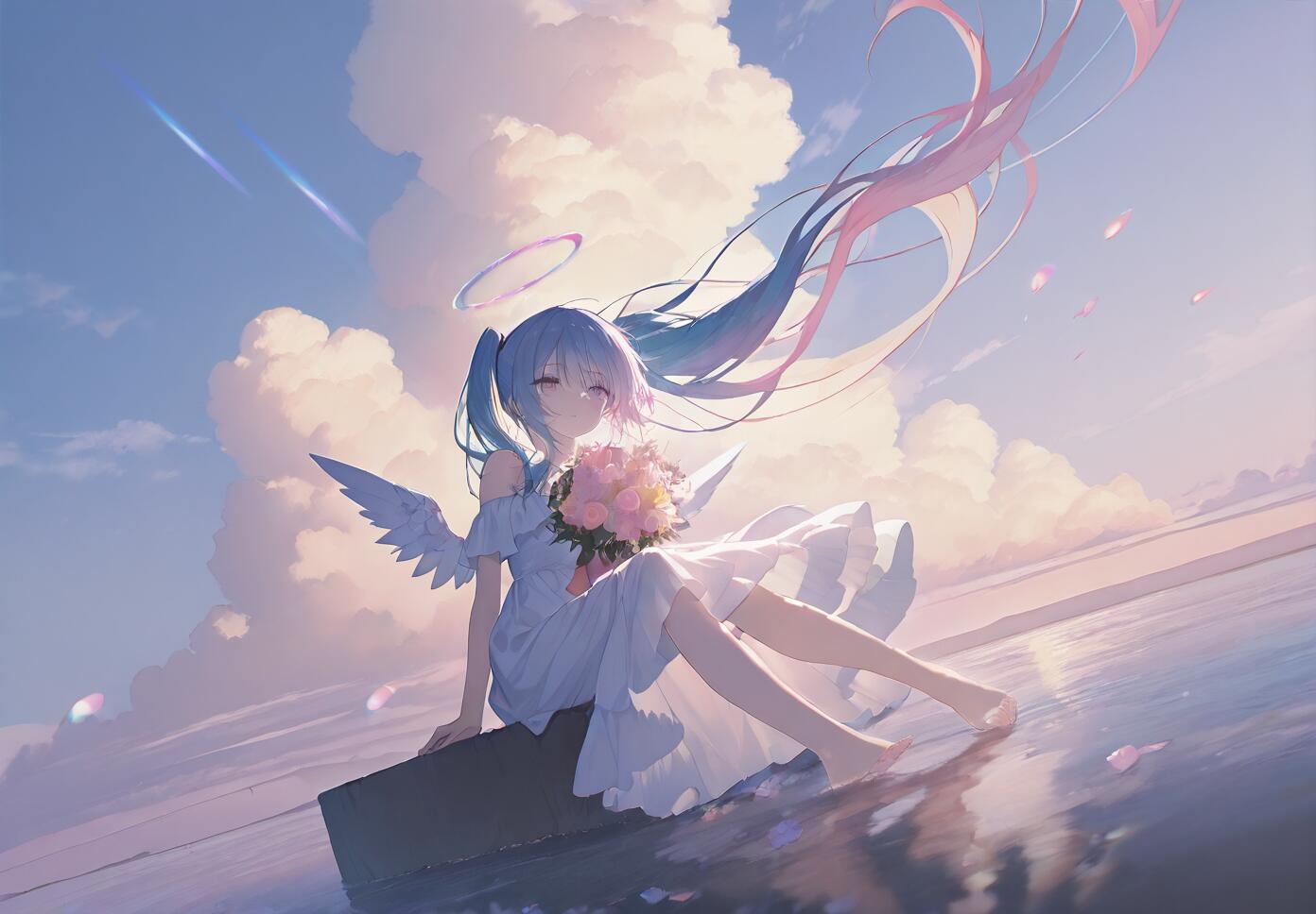 An anime illustration of the angel Hatsune Miku with long blue twintails and wings, sitting on a wet surface while holding a bouquet of flowers under a cloudy, pastel sky.