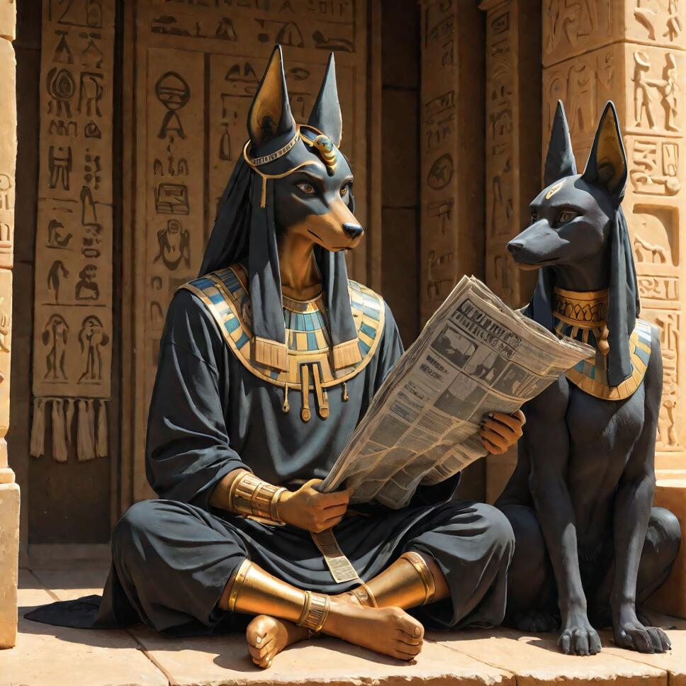 The Egyptian god Anubis, an anthropomorphic figure with a jackal's head, sits cross-legged on stone steps while reading a newspaper. A second, more statue-like Anubis figure sits beside him, looking at the paper. The background is a stone wall covered in Egyptian hieroglyphs.