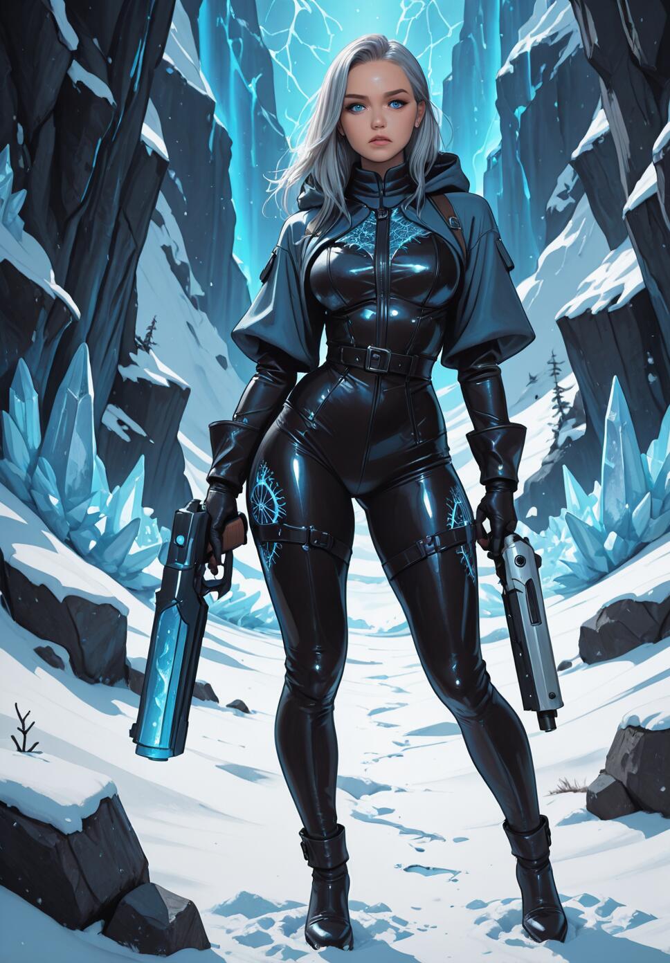 A full-body digital illustration of a female sci-fi warrior with silver hair and blue eyes, wearing a tight black leather suit and holding two pistols while standing in a snowy, icy mountain canyon.
