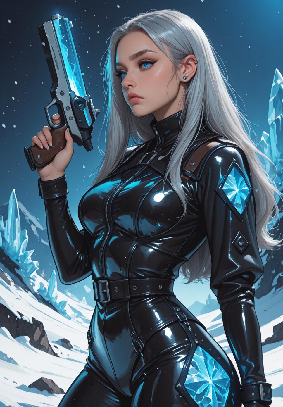A digital illustration of a woman with long silver hair and blue eyes in a tight black leather suit, holding a glowing blue futuristic pistol in a snowy, icy mountain setting.