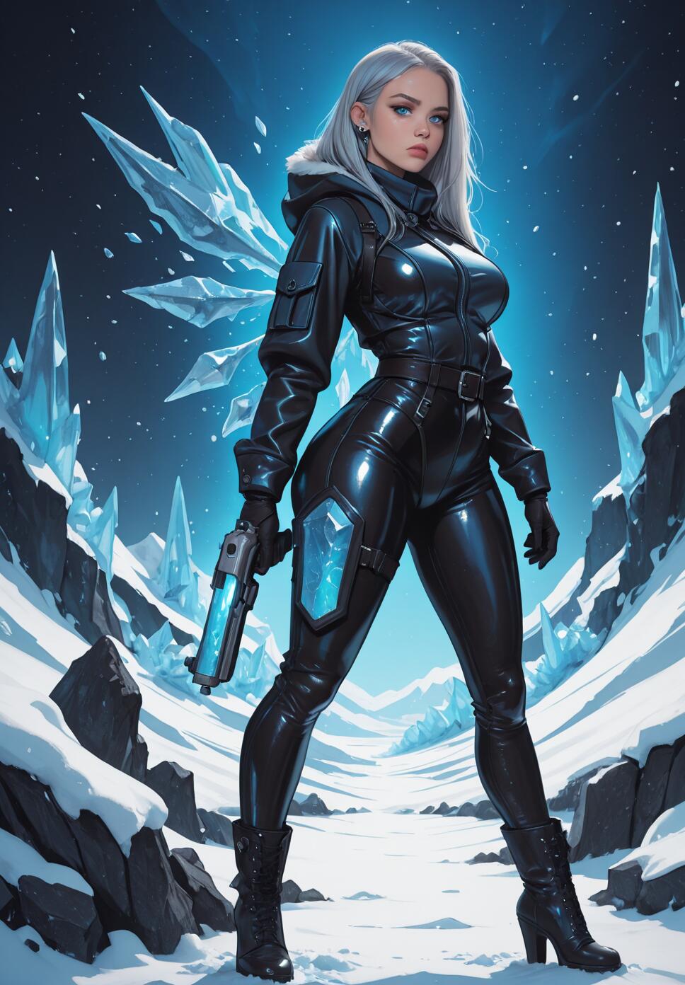 A full-body illustration of a woman with long silver hair and ice wings, wearing a tight black leather suit and holding a glowing blue pistol in a snowy, mountainous landscape.