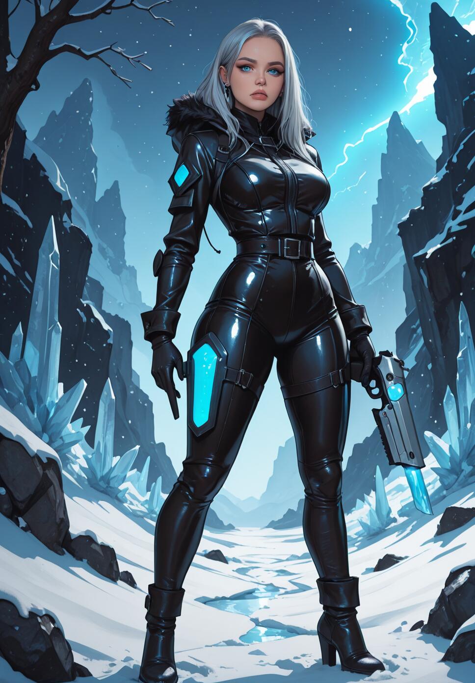 A full-body digital illustration of a female sci-fi bounty hunter with silver hair, wearing a tight black leather suit and holding a glowing plasma pistol in a snowy, arctic mountain environment.