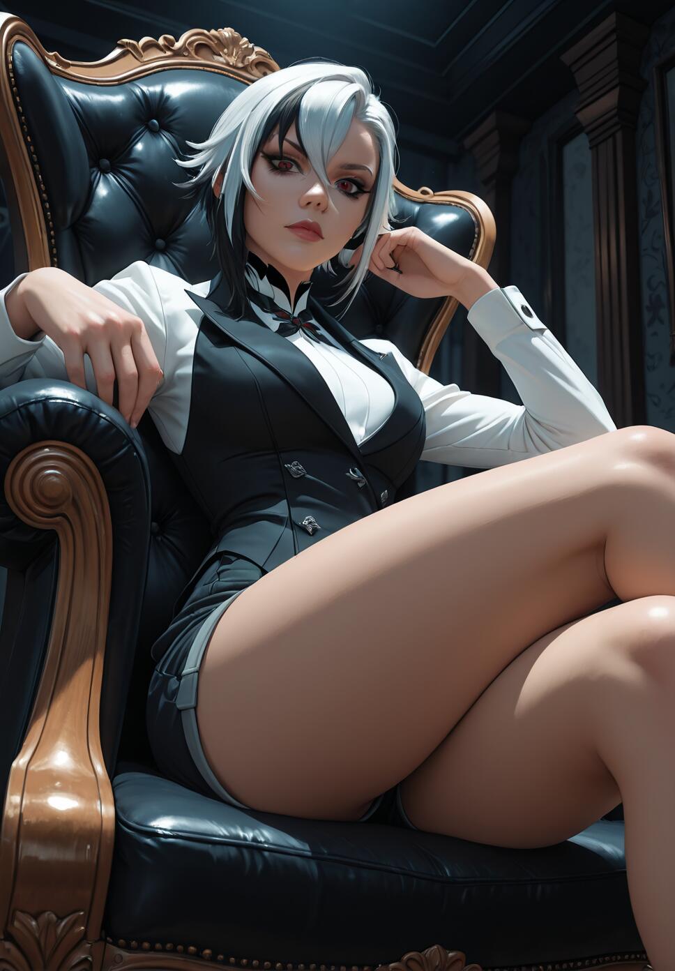 Arlecchino from Genshin Impact, a woman with short black and white hair, sits in an ornate black leather chair. She wears a formal black vest and white shirt, looking down at the viewer with a confident expression, her legs crossed.