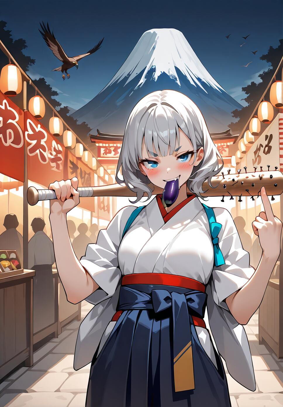 An anime girl with silver hair in a hakama at a Japanese festival, holding a spiked bat, biting an eggplant, and giving the middle finger, with Mount Fuji and a hawk in the background.