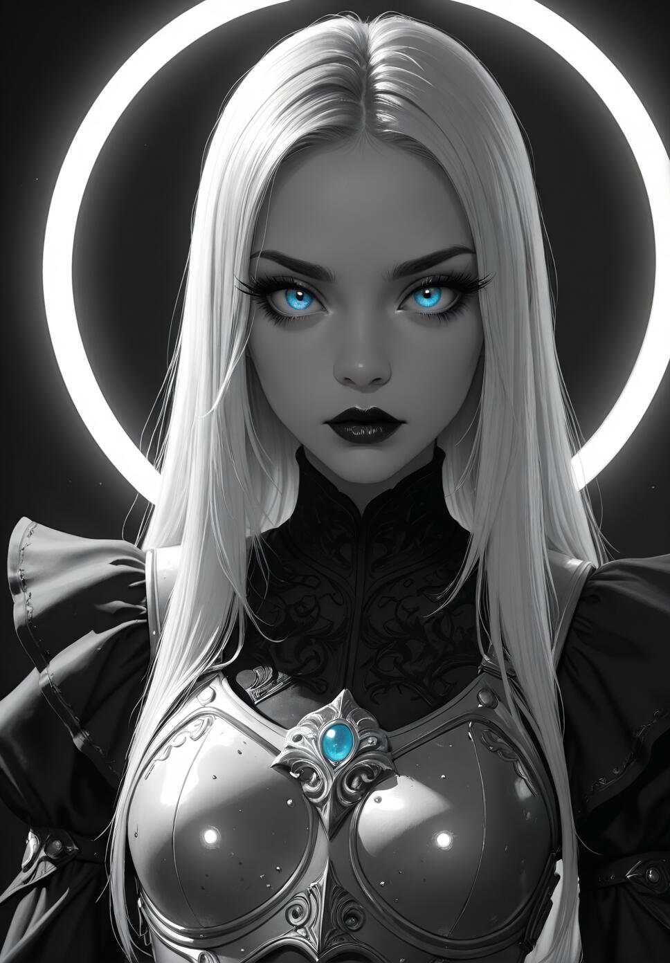 A digital illustration of a woman with long white hair, bright blue eyes, and dark lipstick. She is wearing silver armor with a blue gem and a black top, standing in front of a glowing white circle against a black background.