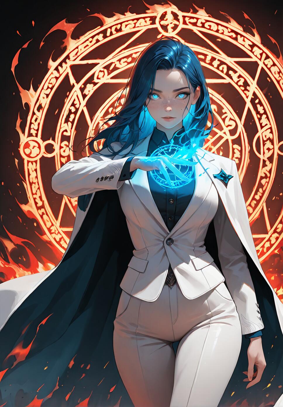 An anime-style woman with long blue hair and glowing eyes, wearing a white suit and a dark cape, casting a glowing blue spell in front of a large, fiery orange magic circle.
