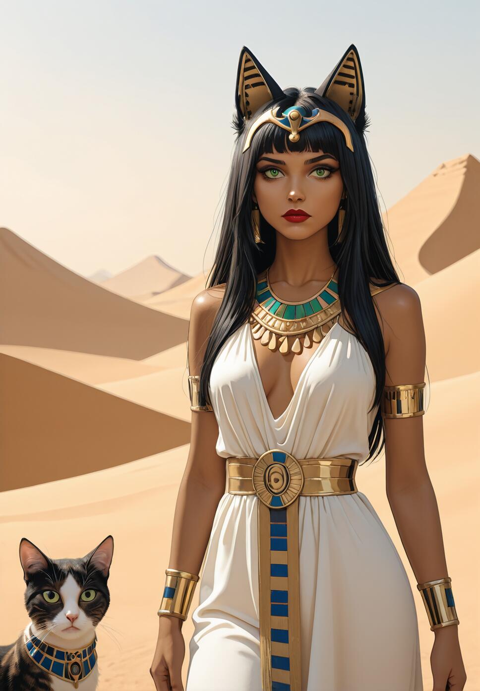 A portrait of the Egyptian goddess Bastet, a woman with cat ears on her headdress, long black hair, and striking green eyes. She wears a white dress and gold jewelry, standing in a vast desert next to a black and white cat.