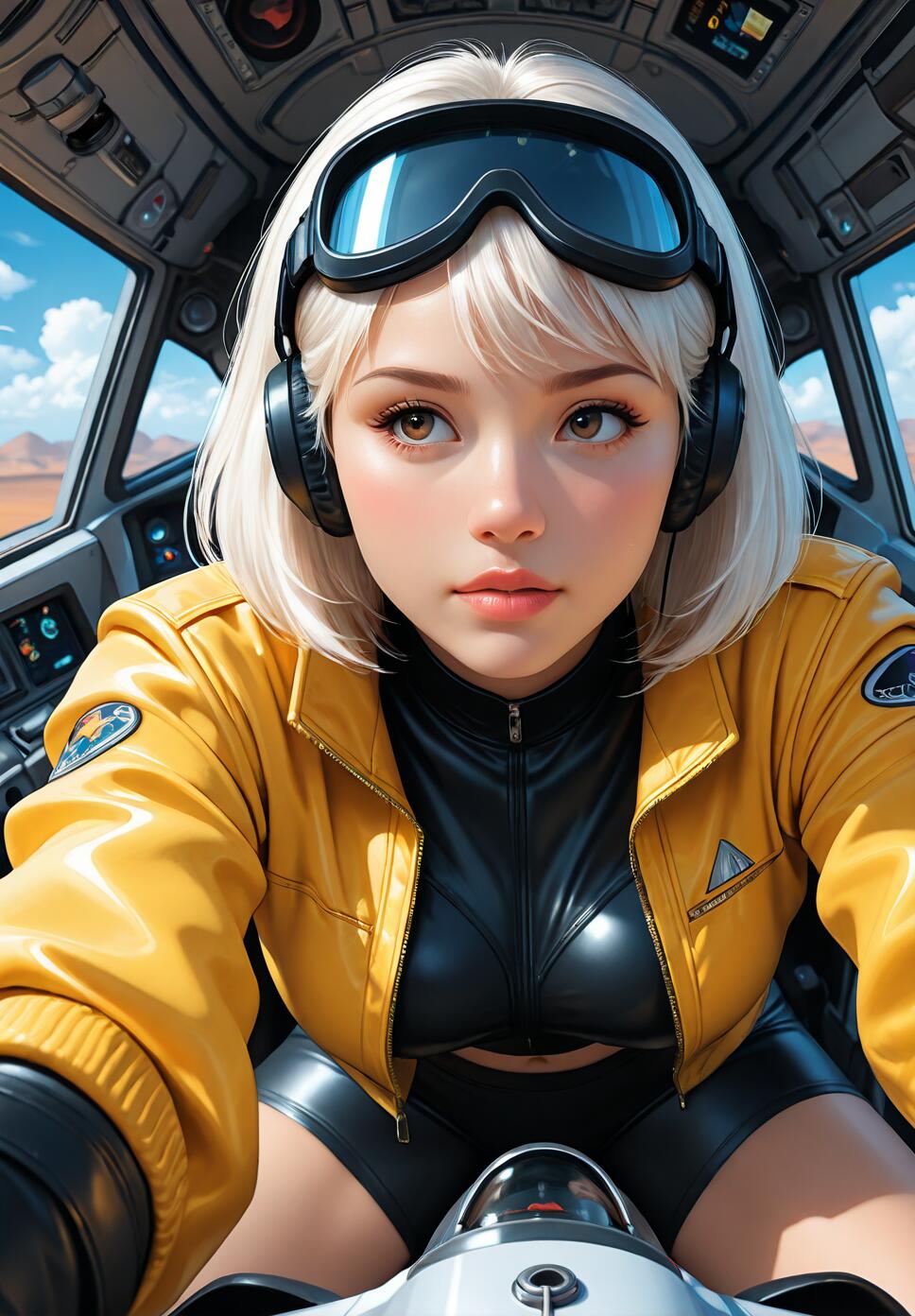 A young woman with short blonde hair, wearing a yellow jacket, headphones, and goggles, sits in the cockpit of a futuristic vehicle, looking forward.