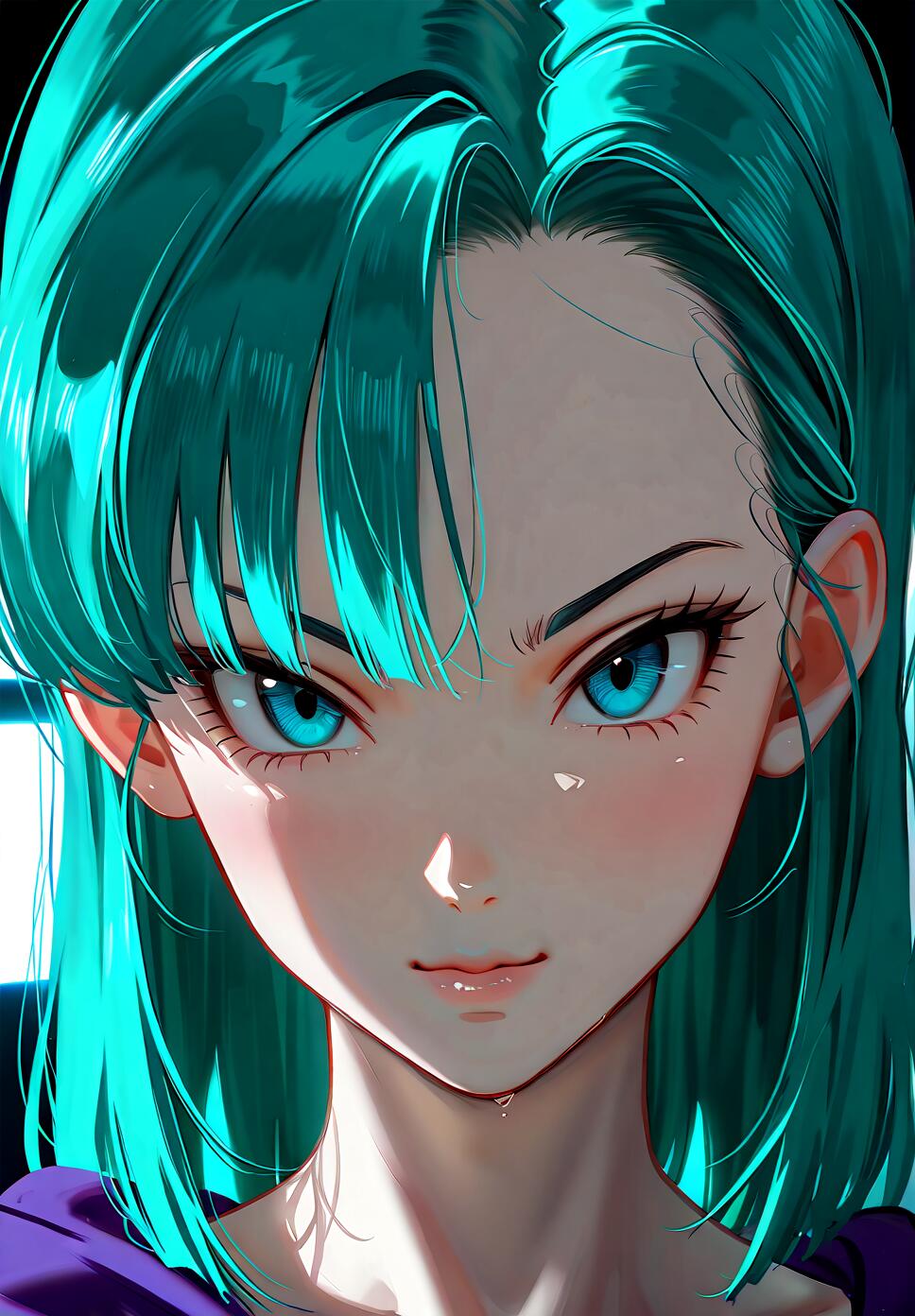 A close-up digital portrait of Bulma from Dragon Ball with vibrant teal hair and intense, bright blue eyes, looking directly at the viewer with a determined expression.