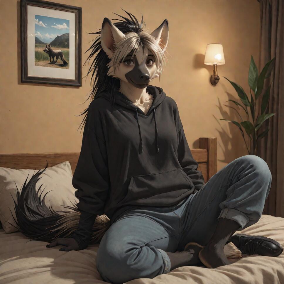 An anthropomorphic aardwolf with black and white fur and spiky hair, wearing a black hoodie and blue jeans, sitting on a bed in a bedroom and looking at the camera.