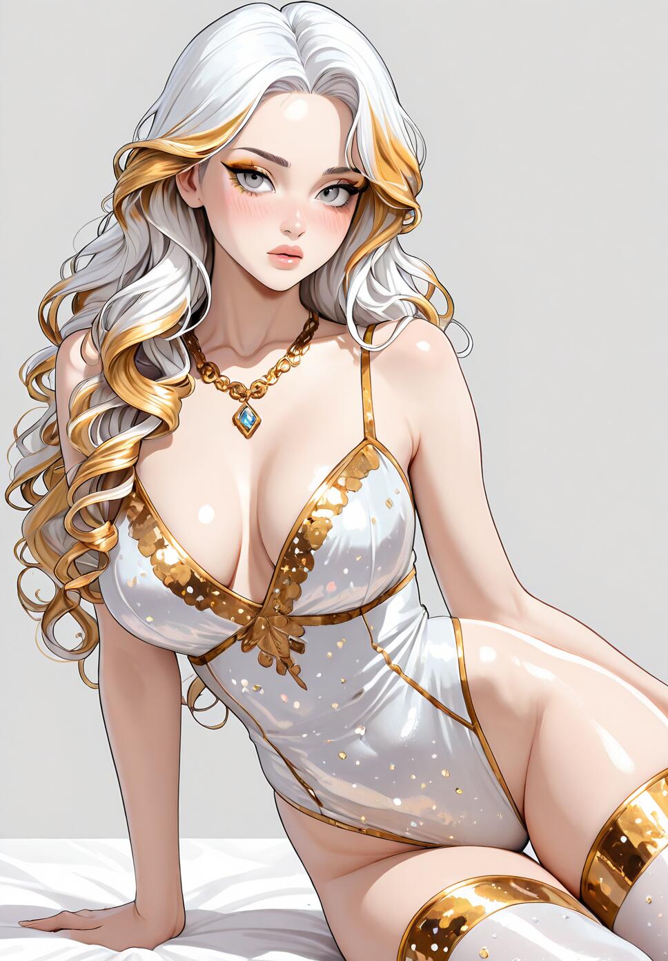 A beautiful anime-style woman with long, curly white and gold hair, wearing a white and gold bodysuit, necklace, and thigh-high stockings, posing on a white surface.