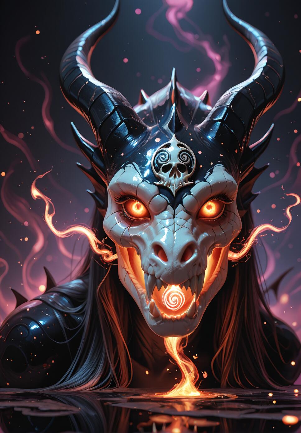 A close-up portrait of a fantasy dragon humanoid with a white skull face, glowing orange eyes and horns, and a ball of light in its mouth, set against a dark, cosmic background.