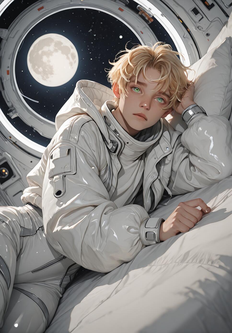 A semi-realistic portrait of a young man with short blonde hair and green eyes, wearing a white futuristic jacket and spacesuit, reclining inside a spaceship with a large moon visible through a round window.