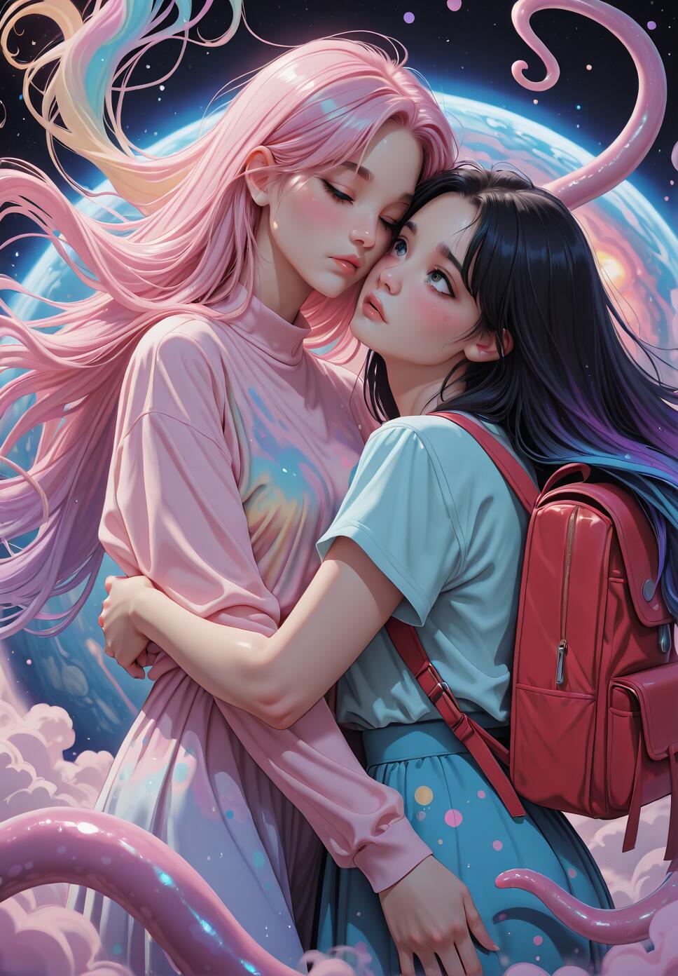 An anime-style illustration of two young women embracing in a surreal space setting. The woman on the left has long pink hair and is hugging the woman on the right, who has dark hair and a red backpack. Behind them is a large planet, stars, and fantastical pink tentacles.