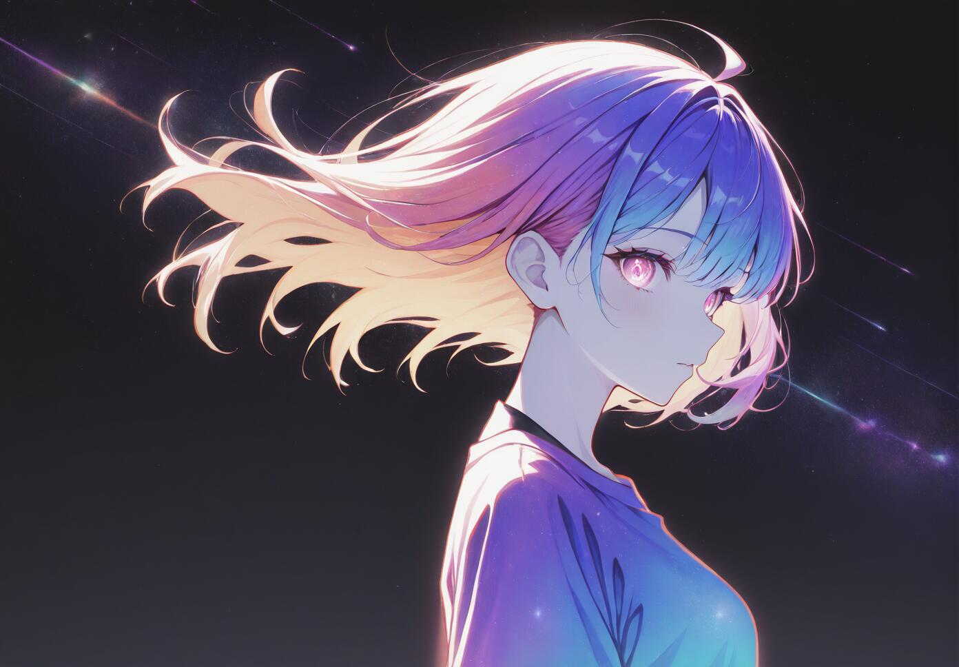An anime girl with flowing hair colored in a gradient of yellow, pink, and purple, shown in profile against a dark background with streaks of starlight.