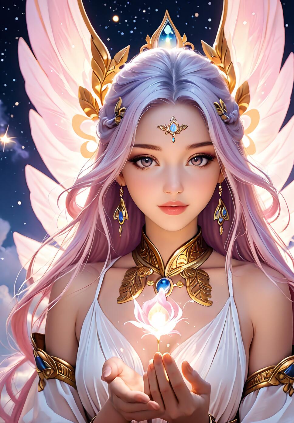 A digital fantasy portrait of a beautiful angel with long purple hair, large feathered wings, and a golden crown, holding a glowing white lotus flower against a starry night background.