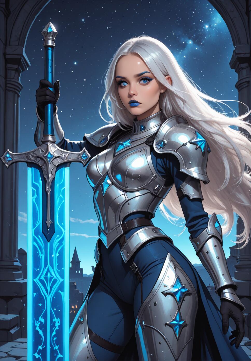 A digital illustration of a female fantasy knight with long white hair and silver armor holding a large, glowing blue sword. She stands under a starry night sky framed by a stone archway.
