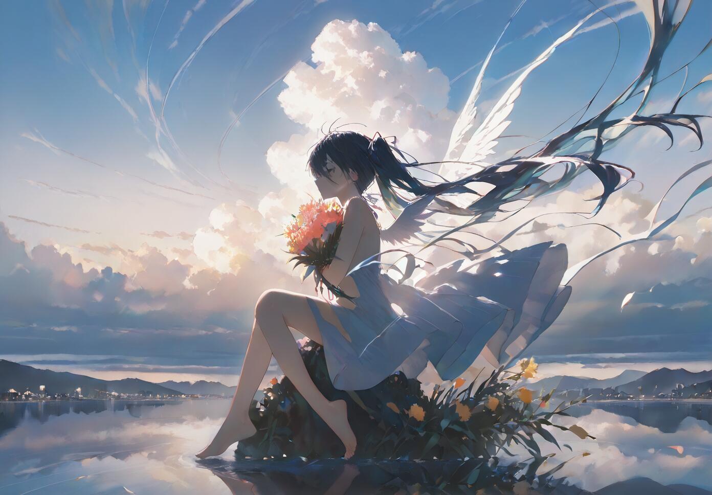 An anime-style angel with long dark hair and white wings, sitting on a rock in the water. She is holding a bouquet of flowers and looking out over a lake towards a distant city at sunset.