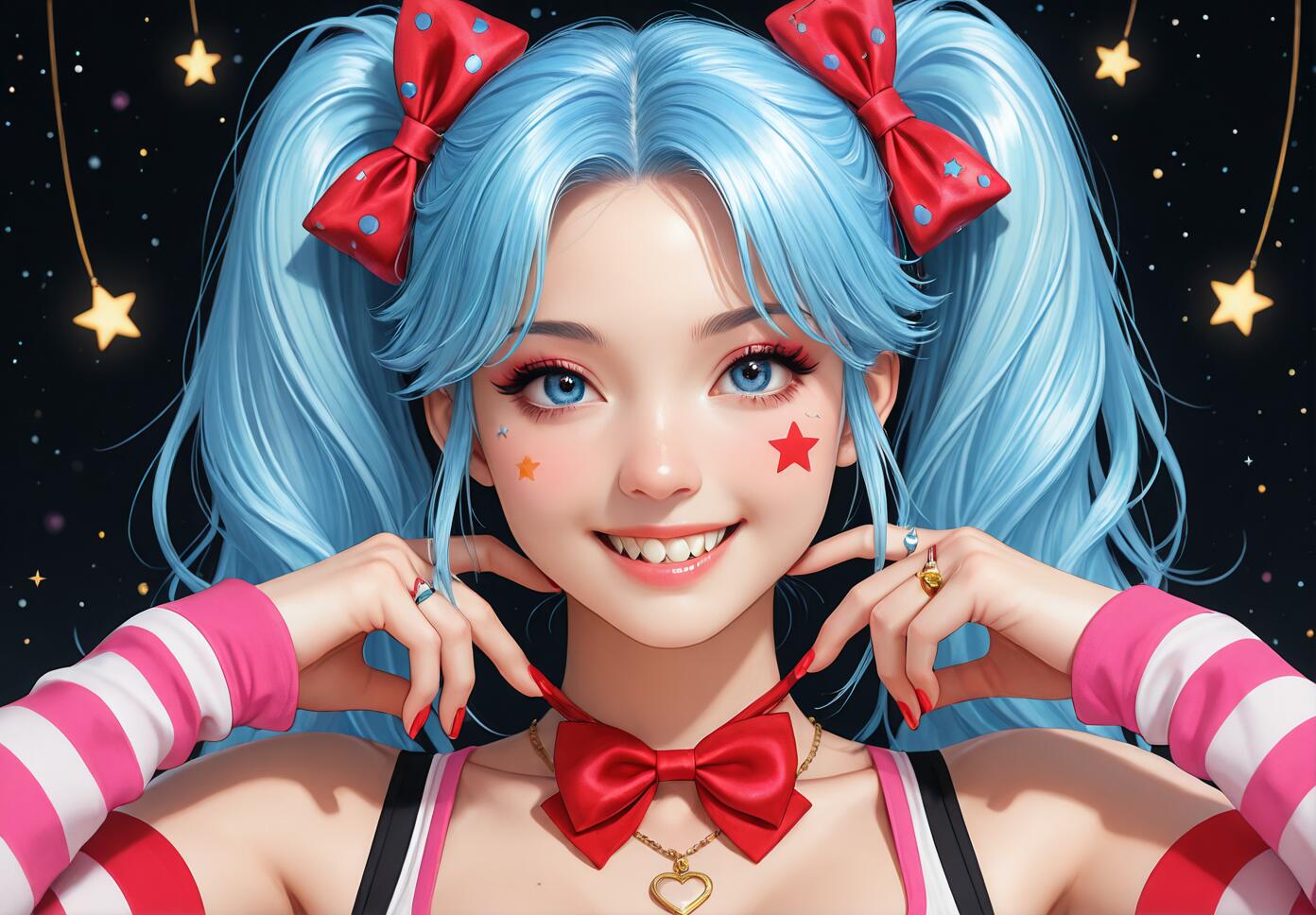A digital illustration of a smiling girl with long blue pigtails, red bows, and star makeup on her cheeks, set against a starry night background. She is holding her red bowtie choker.