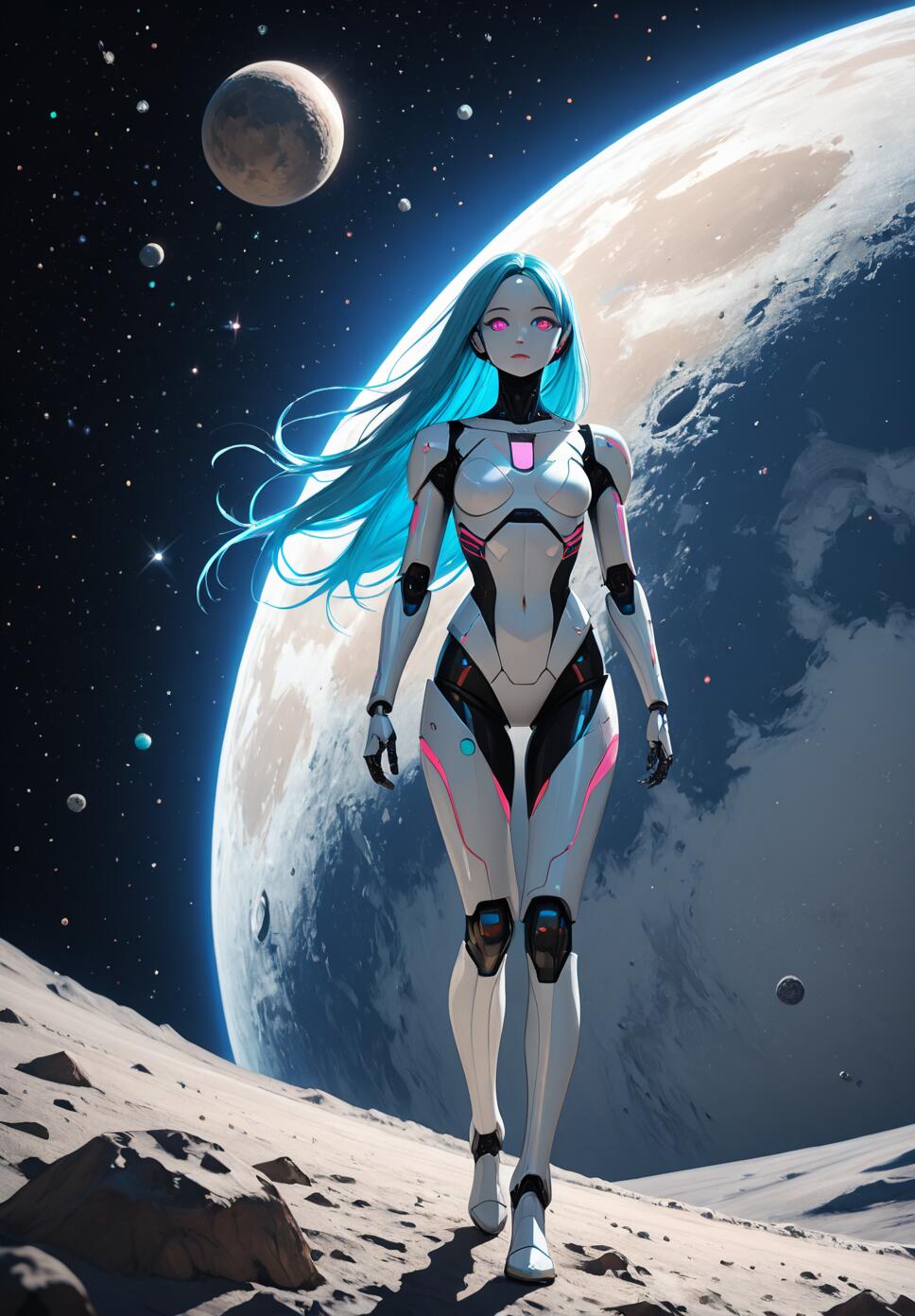 A full-body illustration of a female android with long blue hair walking on a moon. She wears a white and black futuristic suit with pink glowing lines. A large planet and stars are in the background.