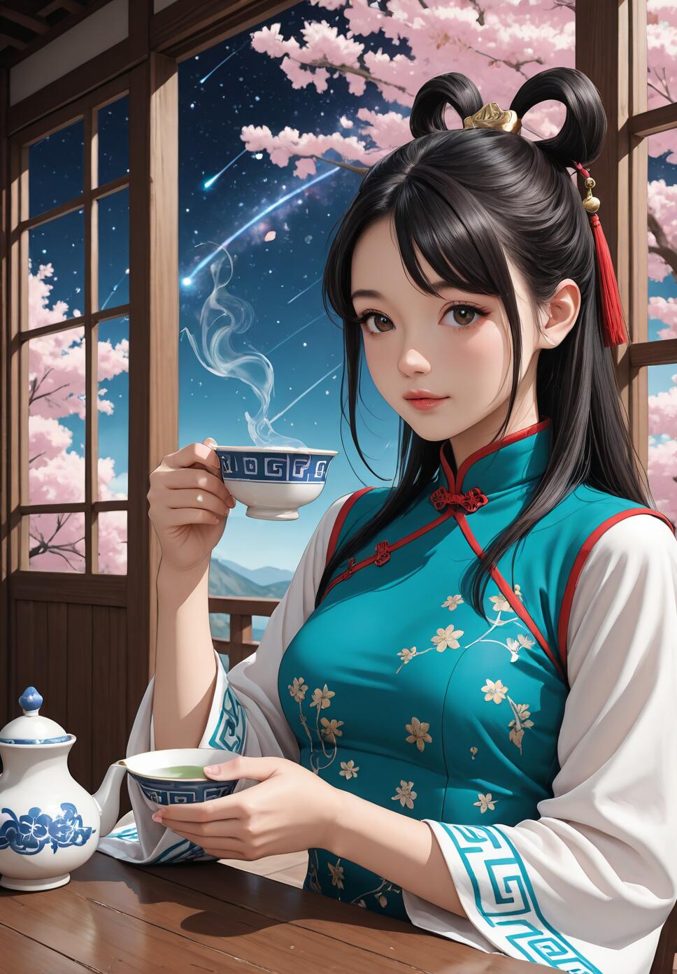 An anime-style illustration of a young woman in a traditional teal Chinese dress, drinking tea in a pavilion overlooking a starry night sky with cherry blossoms.