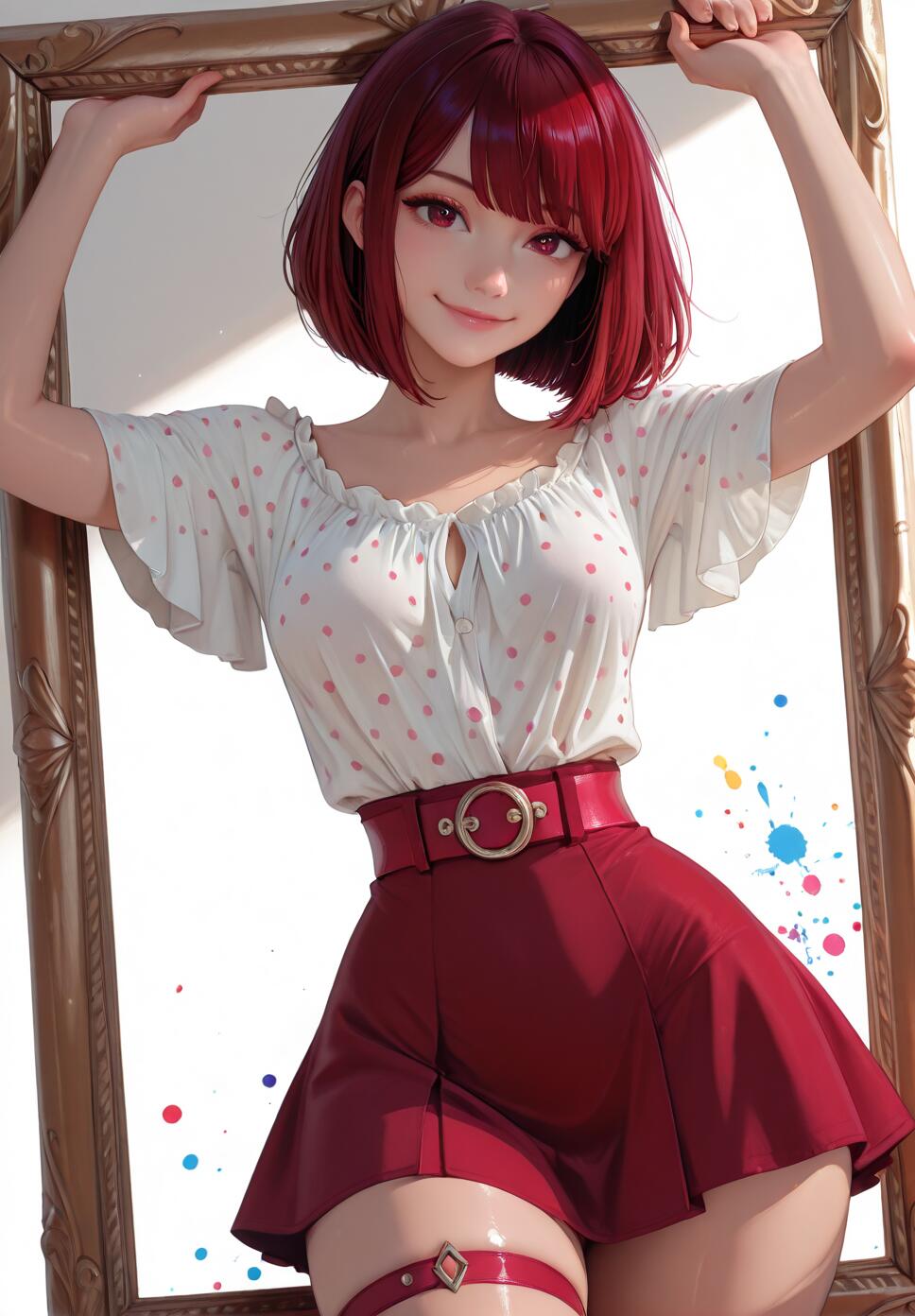 An illustration of Kana Arima from Oshi no Ko, a young woman with short red hair and red eyes, smiling as she holds a large golden picture frame. She is wearing a white polka dot blouse and a red skirt with a matching belt and thigh strap.