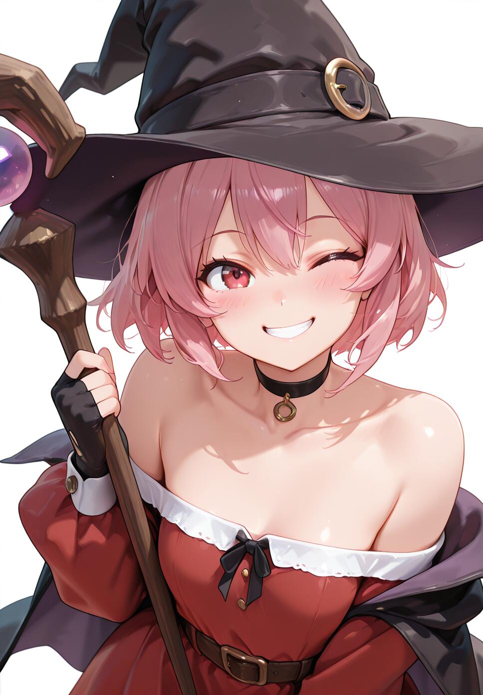 An anime illustration of a cheerful young witch with short pink hair and red eyes. She is winking and smiling, wearing a black witch hat, a red off-the-shoulder dress, a black cape, and fingerless gloves, while holding a magical staff against a white background.