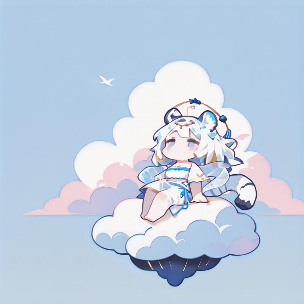 A chibi illustration of Hannah from Mahjong Soul, a girl with white tiger ears and hair, sitting peacefully on a fluffy cloud in a pastel blue sky with a single white bird flying in the distance.