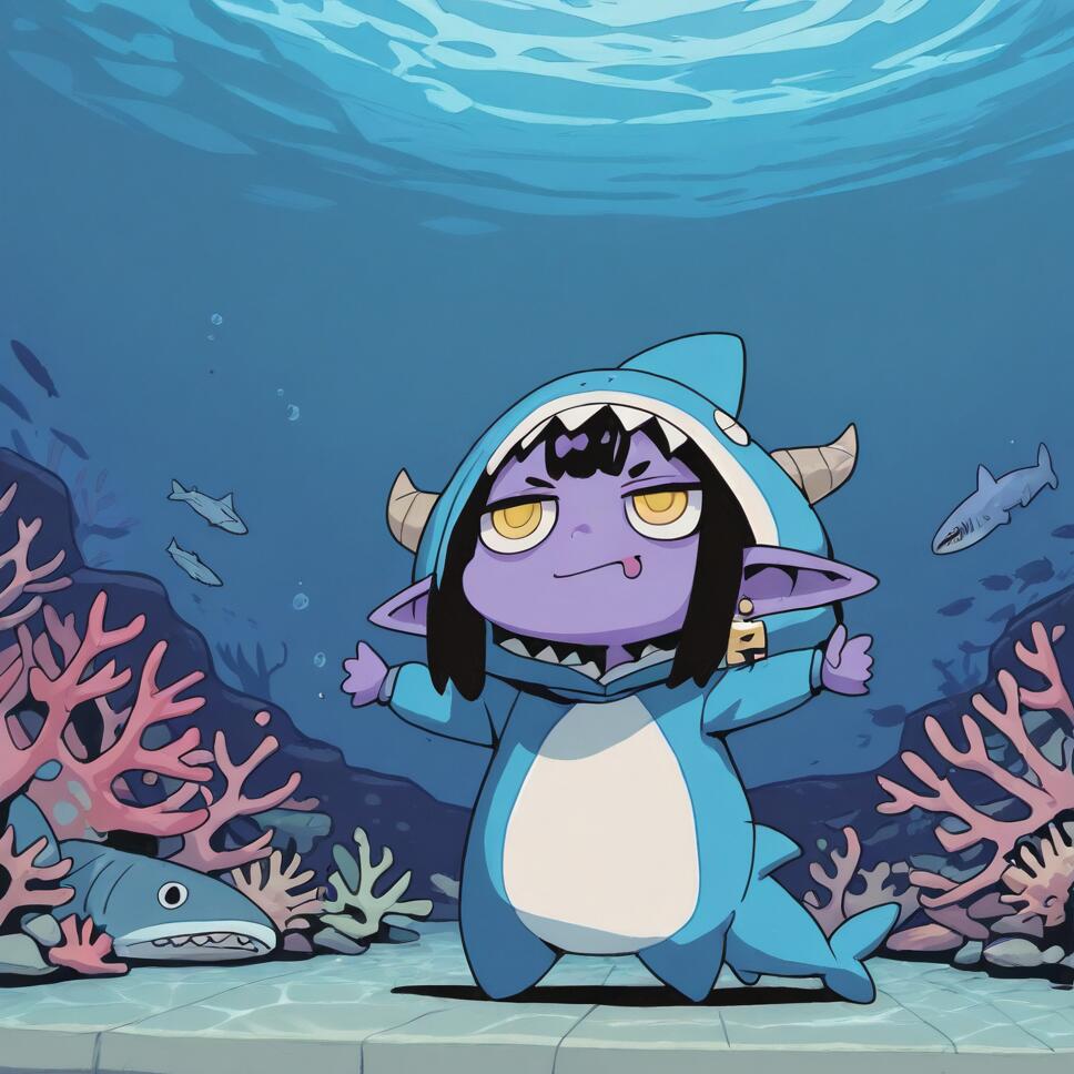 A purple-skinned chibi demon girl with horns and yellow eyes wearing a blue shark costume stands underwater on a coral reef, giving a double thumbs-up with a smug expression.