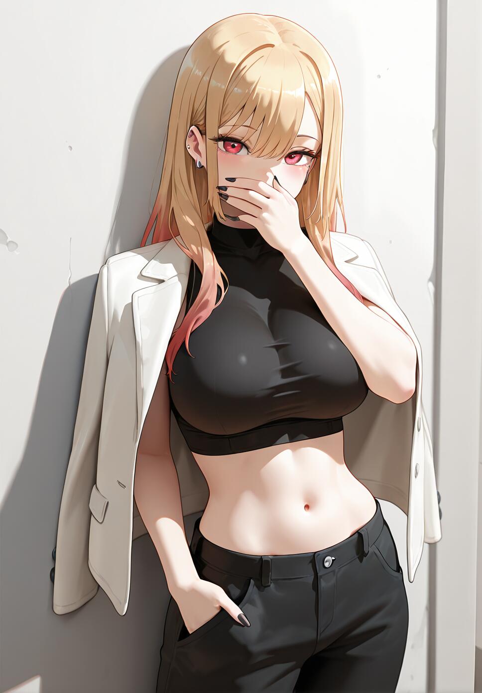 An illustration of Marin Kitagawa from 'My Dress-Up Darling' leaning against a wall. She has long blonde and pink hair, red eyes, and is wearing a black crop top, black pants, and a white jacket over her shoulders. She is covering her mouth with one hand and has the other in her pocket.