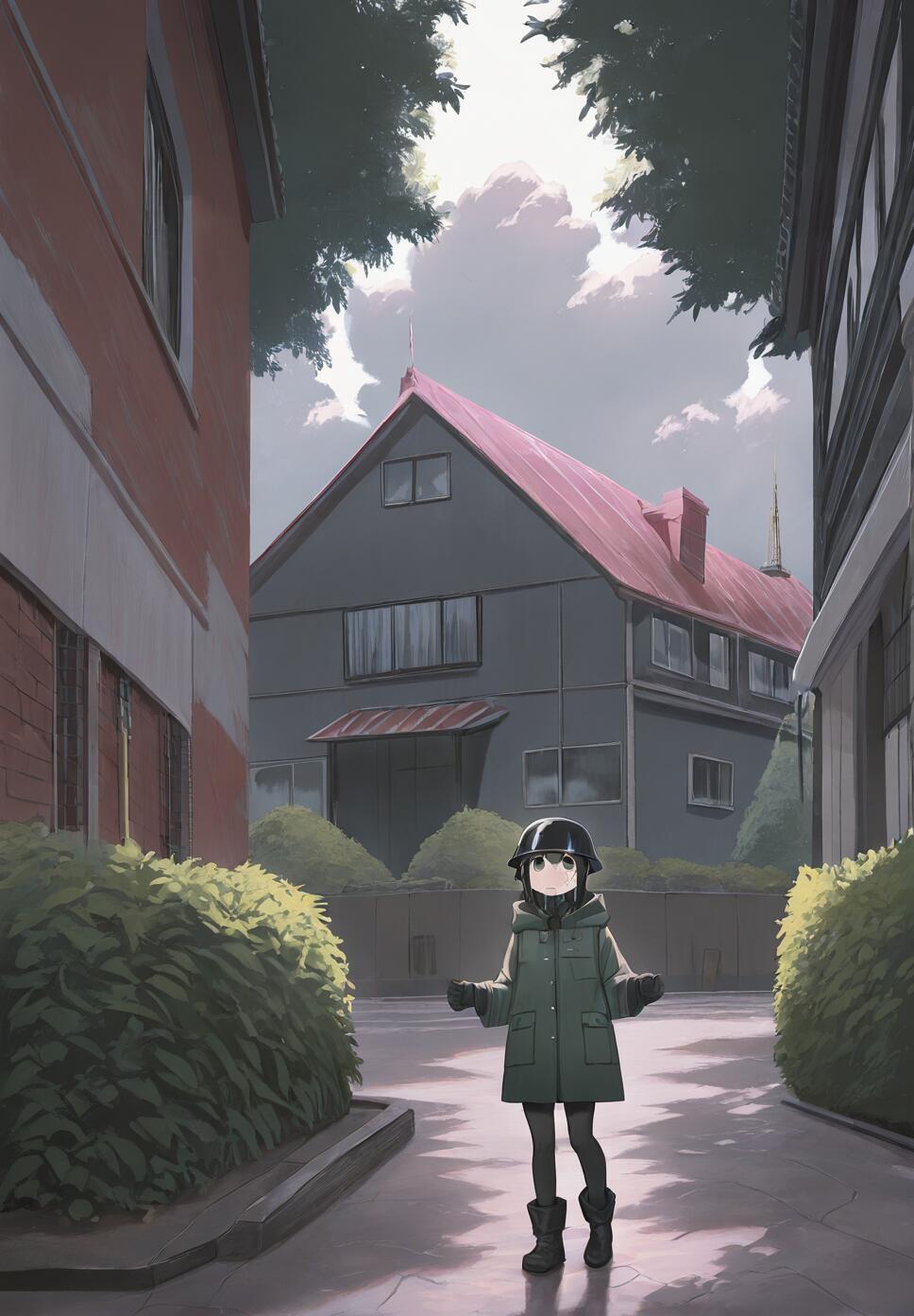 An anime girl, Chito from Girls' Last Tour, with short black hair and a black helmet, stands in an alleyway wearing a green parka and black boots between two buildings.