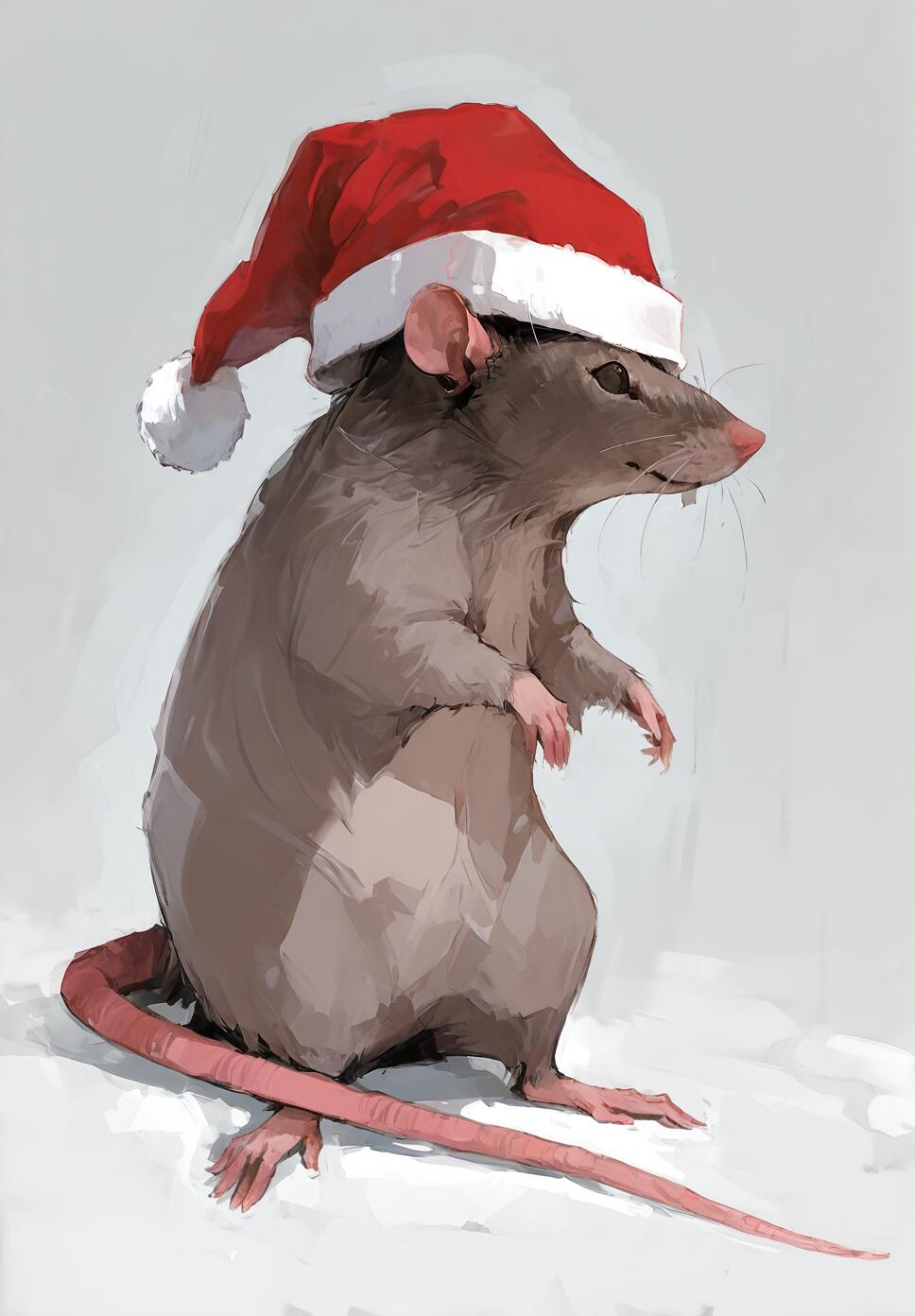 A brown rat standing on its hind legs while wearing a red and white Santa hat, set against a light grey background.
