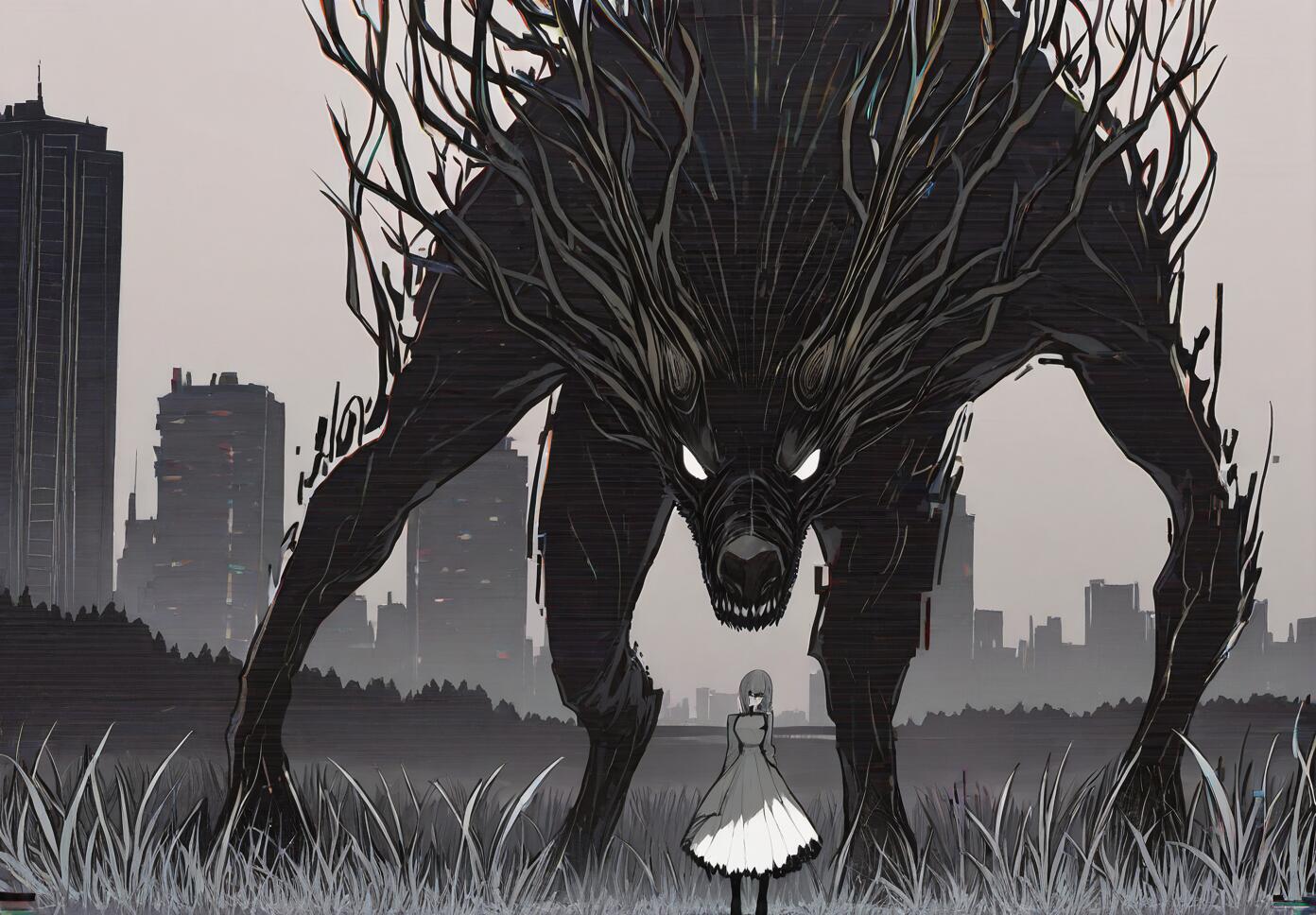 An anime-style girl in a white dress stands calmly in a grassy field, confronting a gigantic, monstrous black wolf with glowing white eyes and a glitchy, ethereal body, with a city skyline in the background.