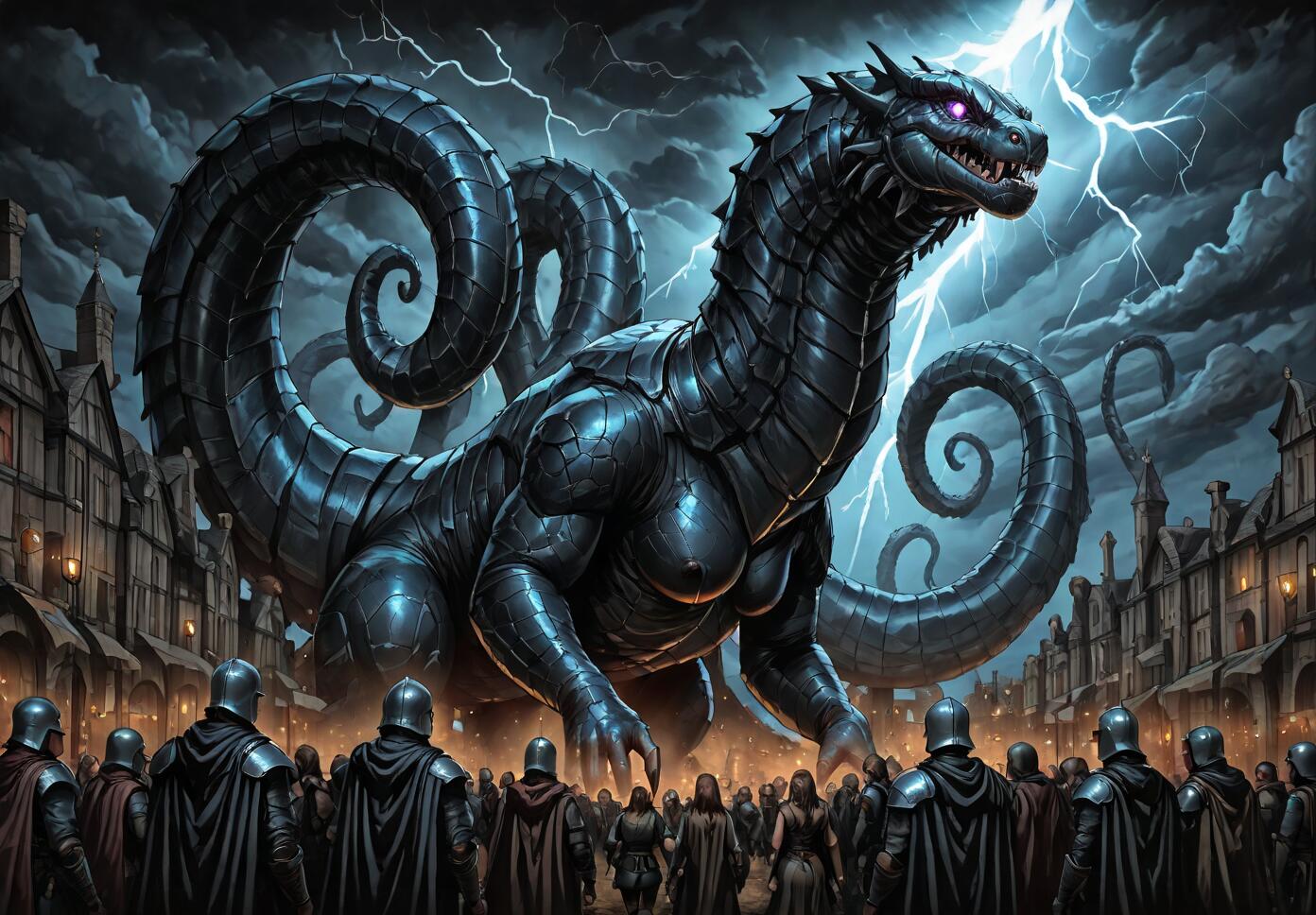 A giant, black-scaled monster with multiple curly tails and glowing purple eyes stands in a medieval town street during a thunderstorm, confronted by a large army of armored knights.