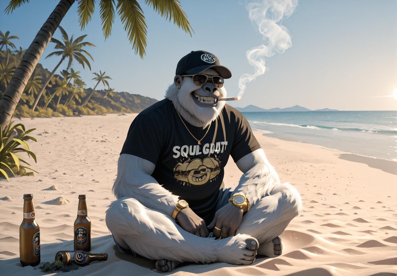 A white yeti wearing a black shirt, cap, sunglasses, and gold jewelry sits cross-legged on a beach, smiling and smoking, with beer bottles and palm trees nearby.