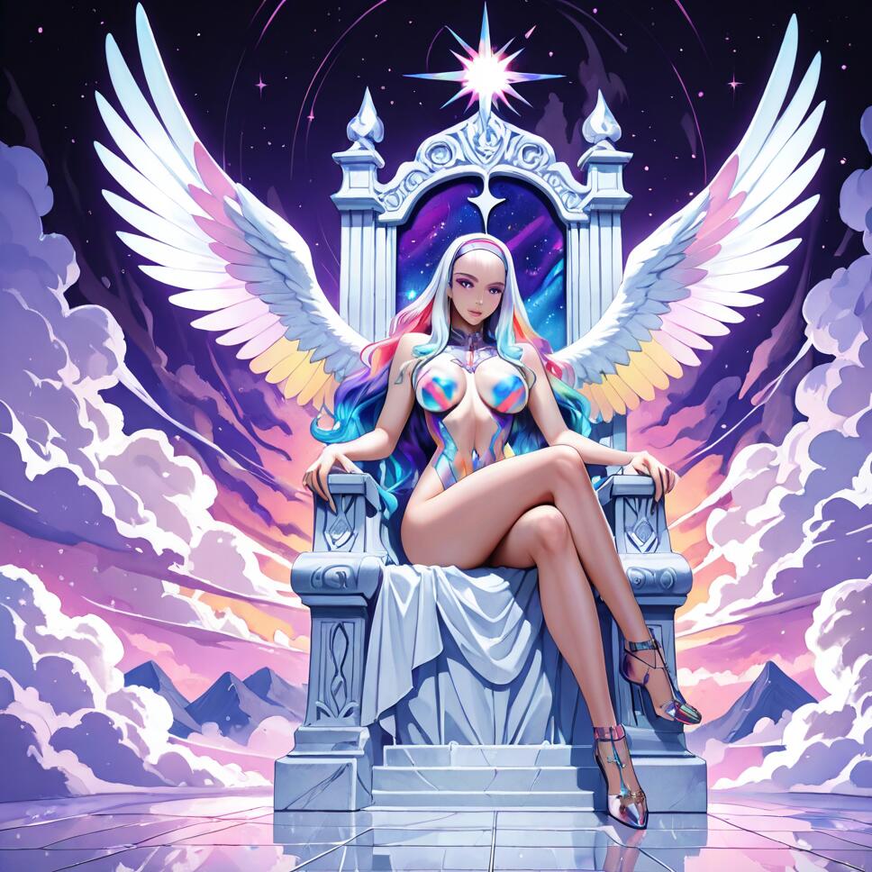 A beautiful anime-style angel with large rainbow-tipped wings and multicolored hair sits on a grand white marble throne against a cosmic background of purple clouds and stars.