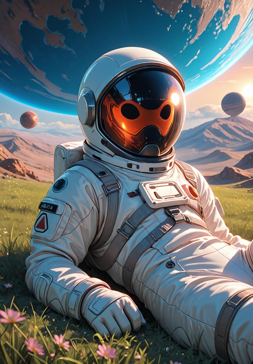 An astronaut in a white spacesuit lies back in a grassy field with pink flowers on an alien planet. A large planet and two smaller moons are visible in the sky above distant mountains.
