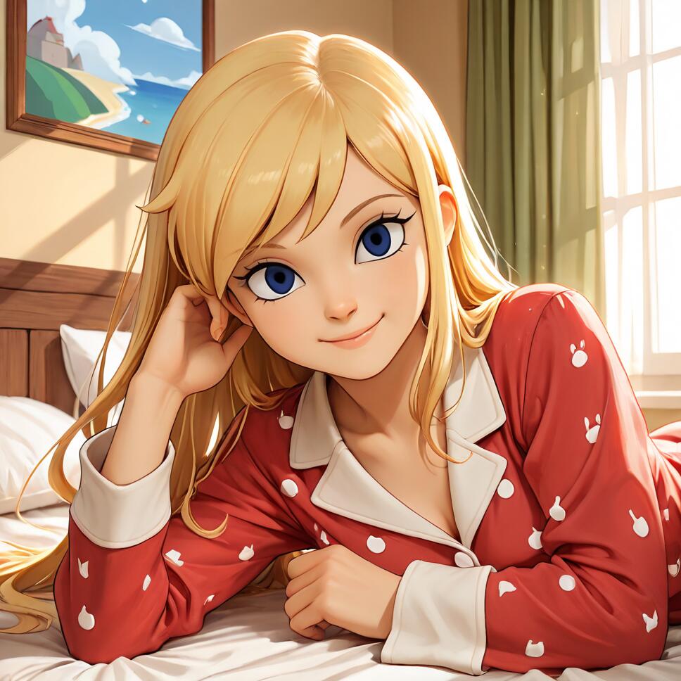 An anime-style young woman with long blonde hair and blue eyes smiling while lying on a bed in red pajamas in a sunlit bedroom.