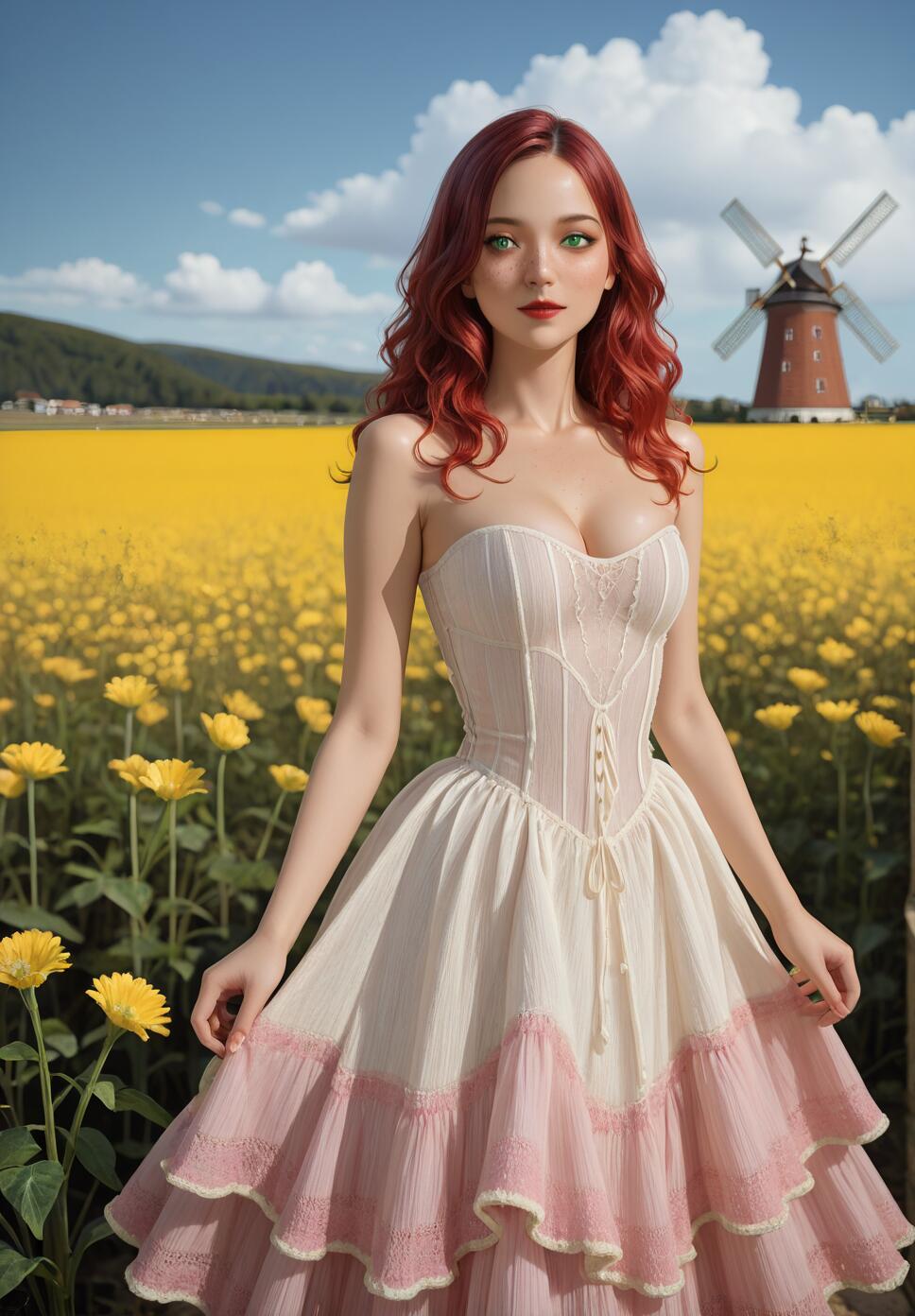A young woman with long red hair and green eyes wearing a pink and white corset dress stands in a field of yellow flowers, with a windmill and blue sky in the background.