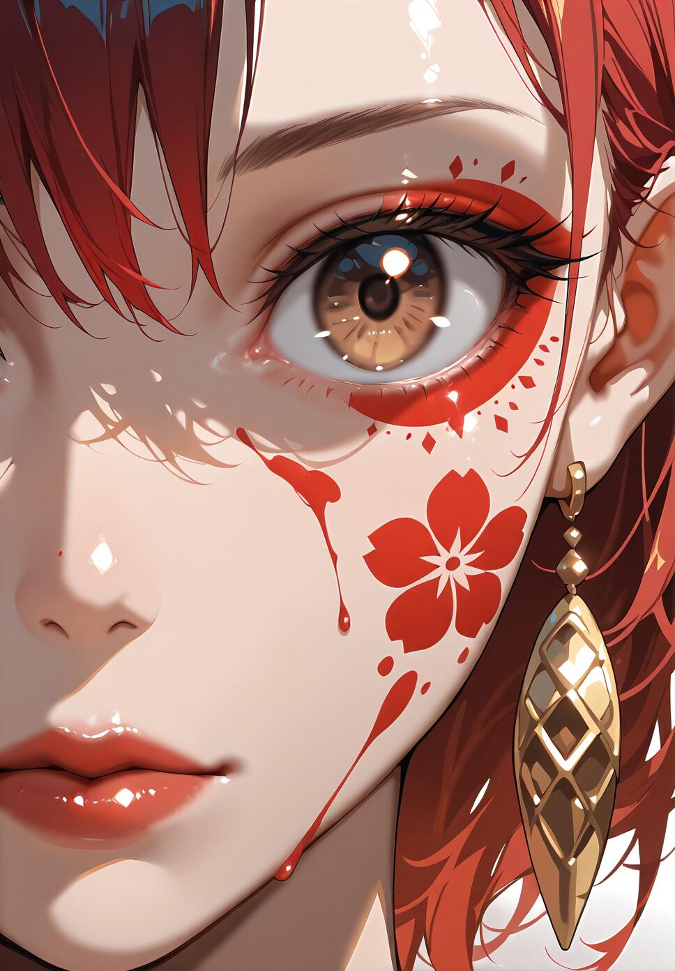 A close-up digital illustration of a young woman with red hair and large brown eyes. She has red face paint resembling a flower and paint drips on her cheek, and wears a large, ornate gold earring.