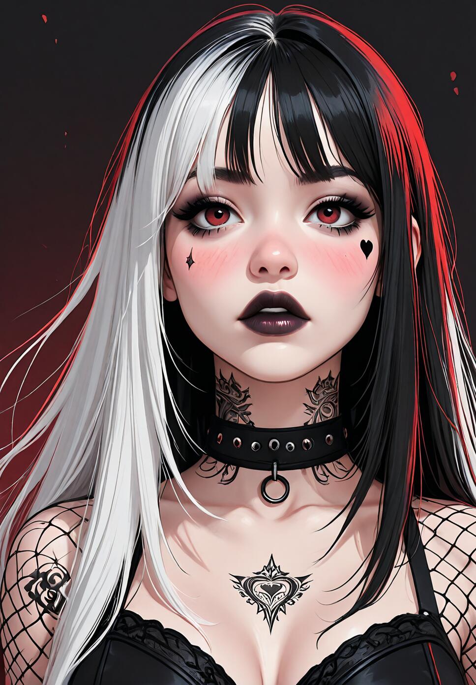 A detailed illustration of a young woman with a goth style, featuring long black and white split-dyed hair, red eyes, dark makeup, a choker, and numerous tattoos on her face, neck, and chest.