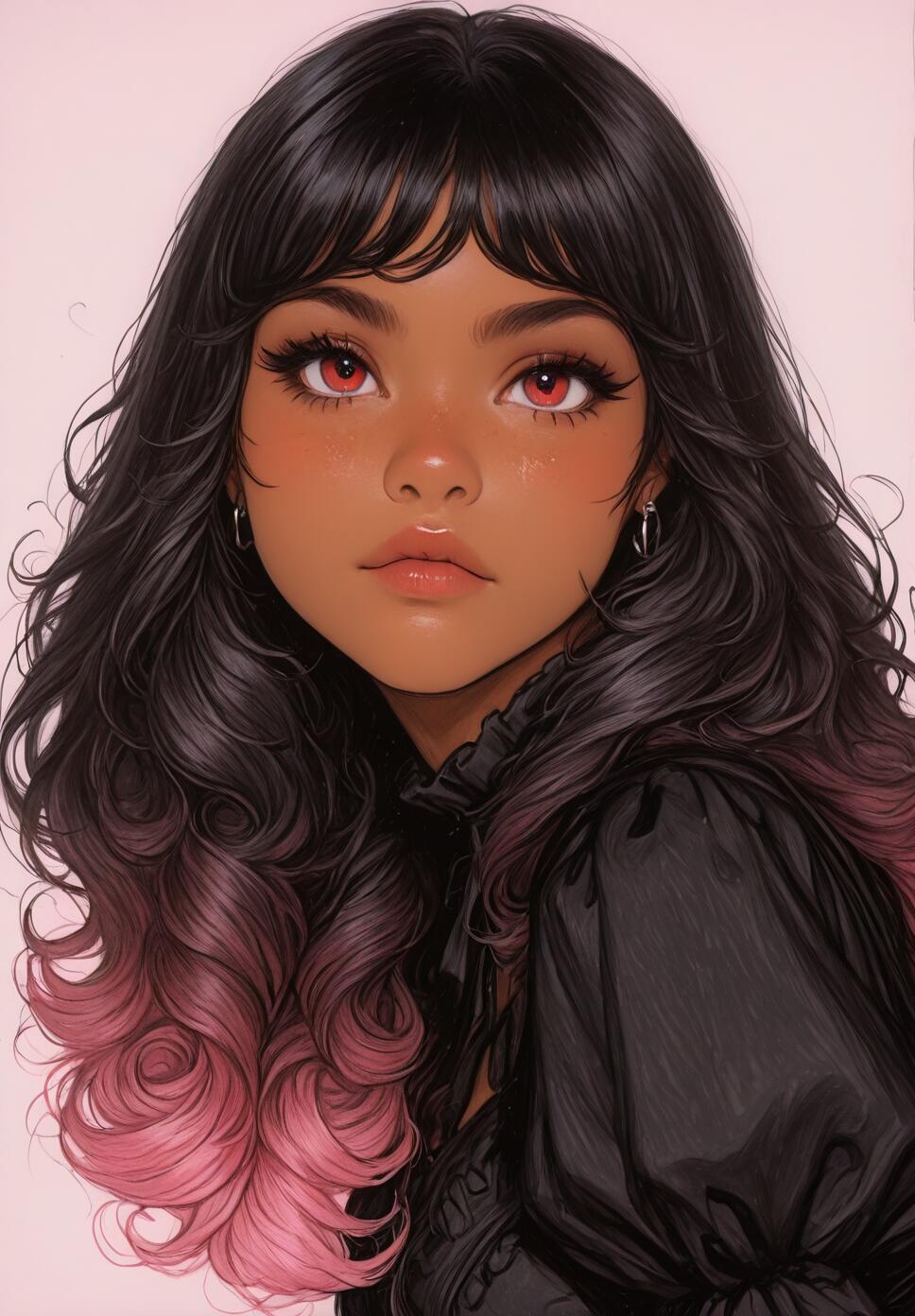 A digital illustration of a beautiful young woman with dark skin, long curly black and pink ombre hair, and striking red eyes. She is wearing a black gothic blouse and looking directly at the viewer against a soft pink background.