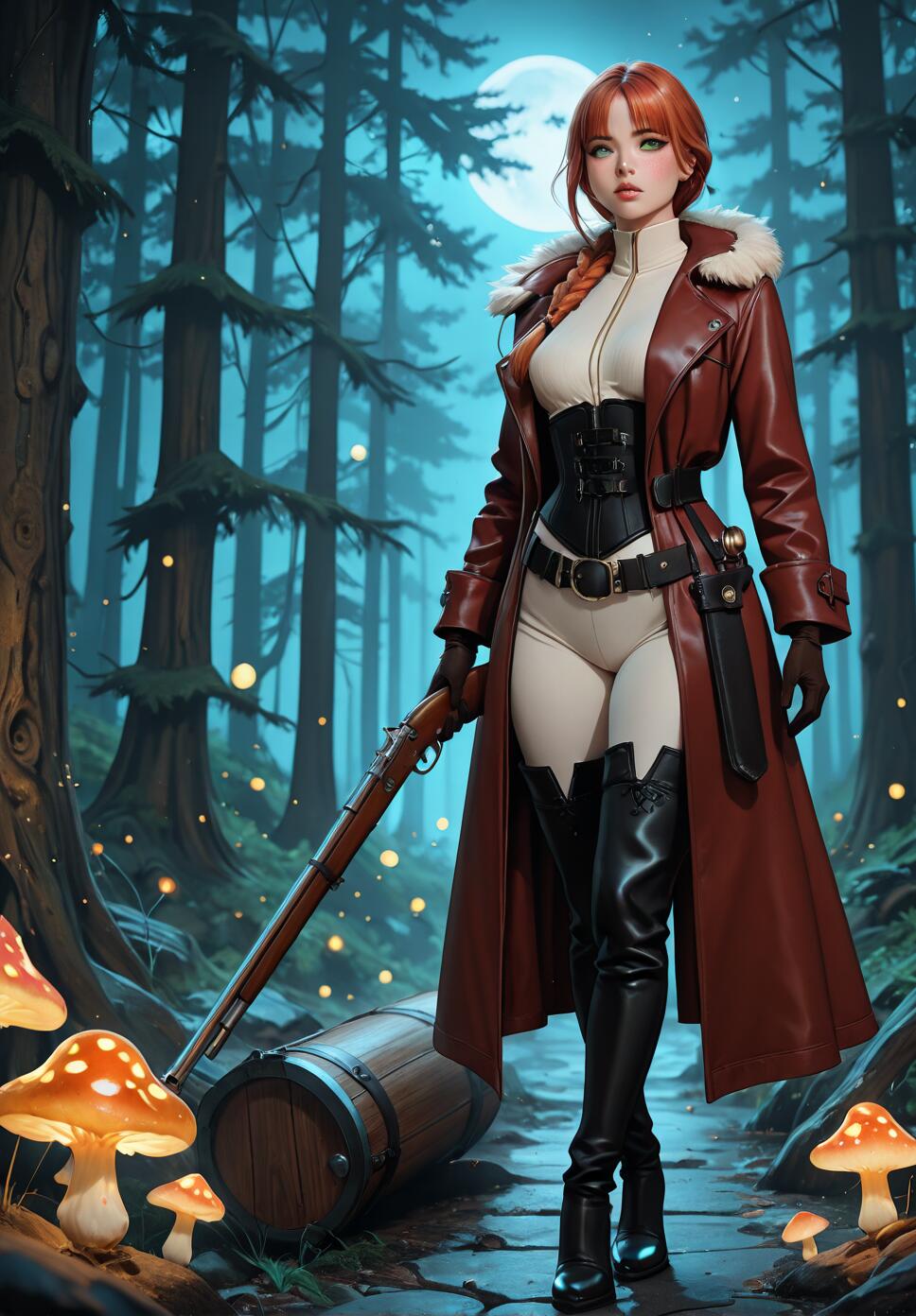 A full-body illustration of a female huntress with auburn hair in a red leather coat and black boots, holding a rifle in a magical moonlit forest with glowing mushrooms.