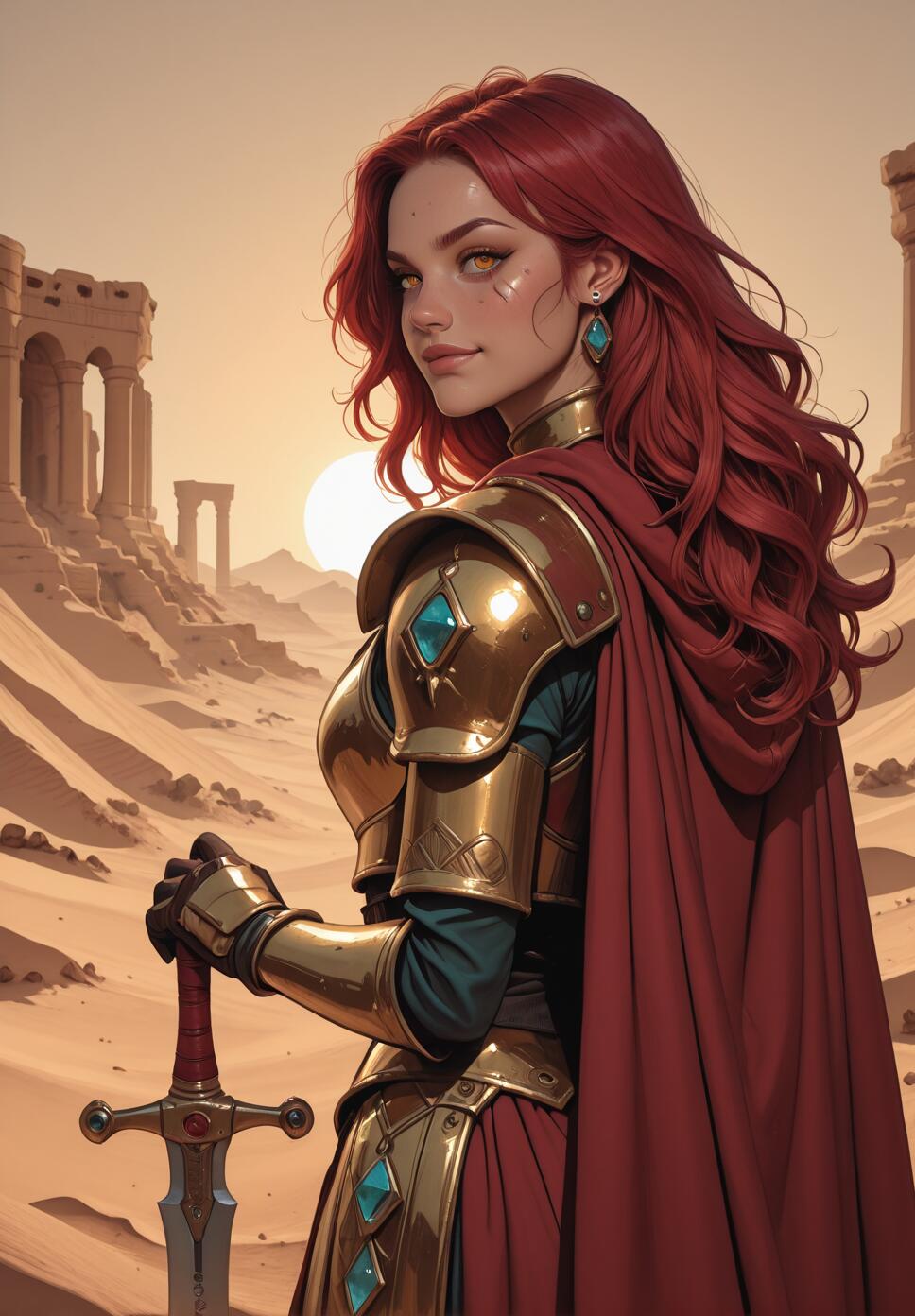 A female warrior with long red hair and golden armor holding a sword. She stands in a desert with ancient ruins in the background under a setting sun.